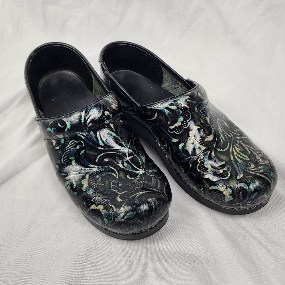 Dansko Paisley Metallic Teal Chrome Floral Clog Women's sz 39